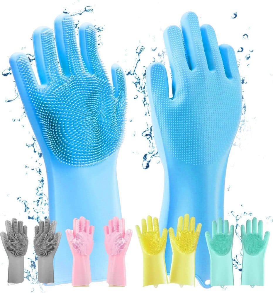 Magic Silicone Dish washing Gloves – Reusable Rubber Cleaning Gloves with Built-In Scrubber for Kitchen &amp; Household Use (Random color)