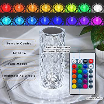 16 Colors Diamond Rose Crystal Touch Lamp Bedside Acrylic Usb Rechargeable Table Lamp - With Remote
