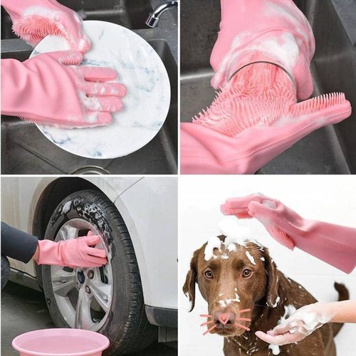 Magic Silicone Dish washing Gloves – Reusable Rubber Cleaning Gloves with Built-In Scrubber for Kitchen &amp; Household Use (Random color)