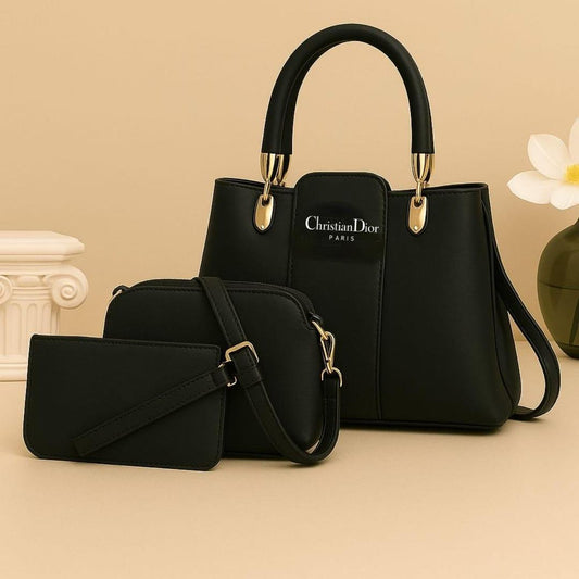 : Stylish Women's PU Leather Hand Bag Set - 3 Pcs in Black