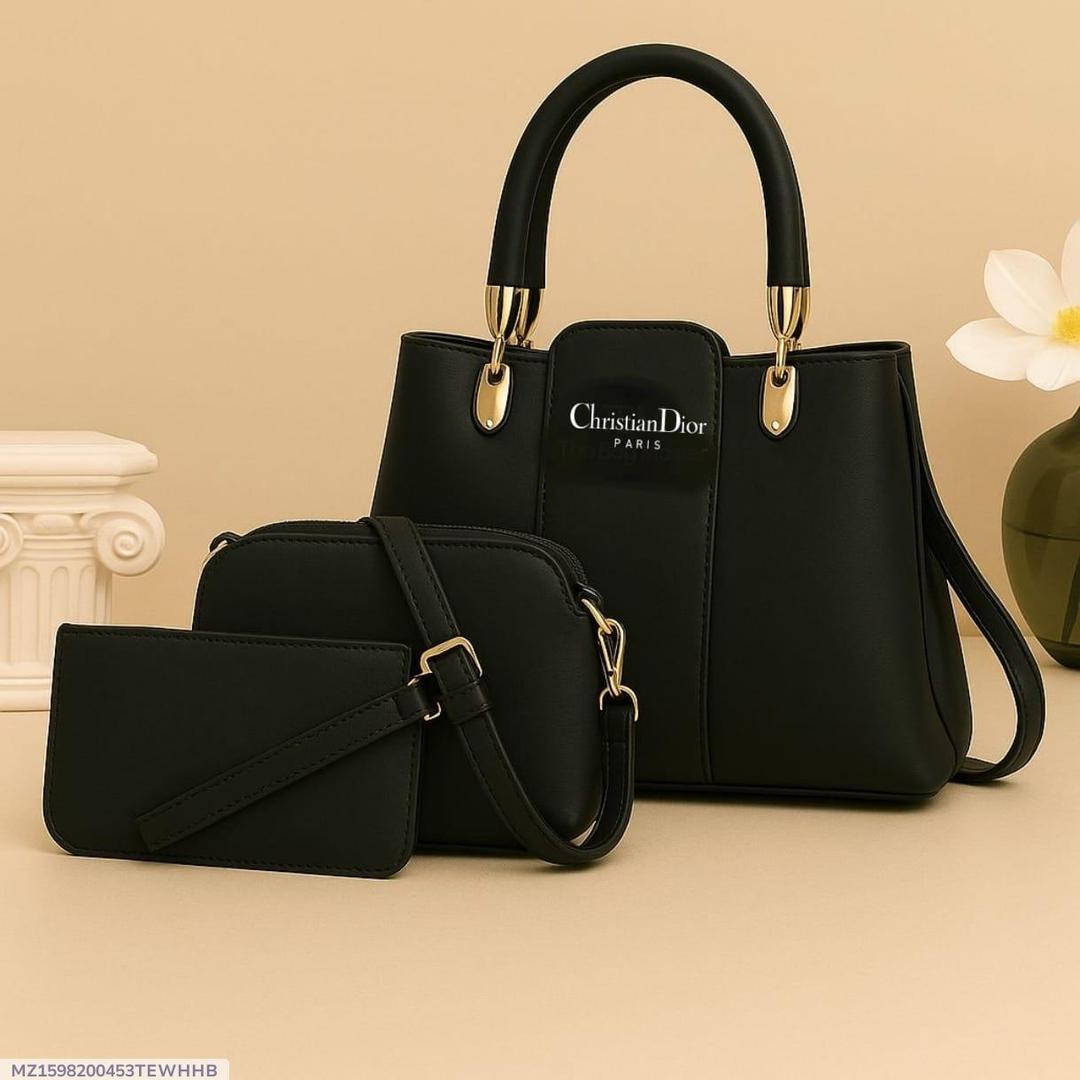 : Stylish Women's PU Leather Hand Bag Set - 3 Pcs in Black
