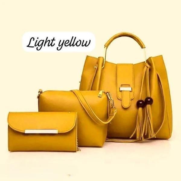 Chic Women's Leather Hand Bag Set - 3 Pcs in Vibrant Yellow