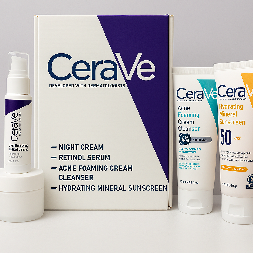 CeraVe Skincare Set – Night Cream, Retinol Serum, Acne Foaming Cream Cleanser, and Hydrating Mineral Sunscreen SPF 50 – Dermatologist Developed