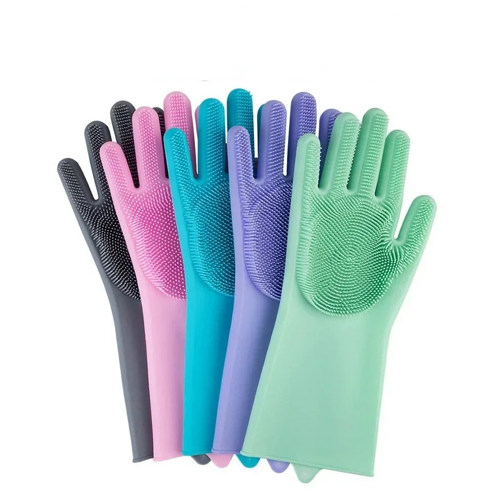 Magic Silicone Dish washing Gloves – Reusable Rubber Cleaning Gloves with Built-In Scrubber for Kitchen &amp; Household Use (Random color)
