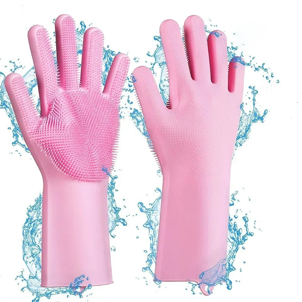 Magic Silicone Dish washing Gloves – Reusable Rubber Cleaning Gloves with Built-In Scrubber for Kitchen &amp; Household Use (Random color)