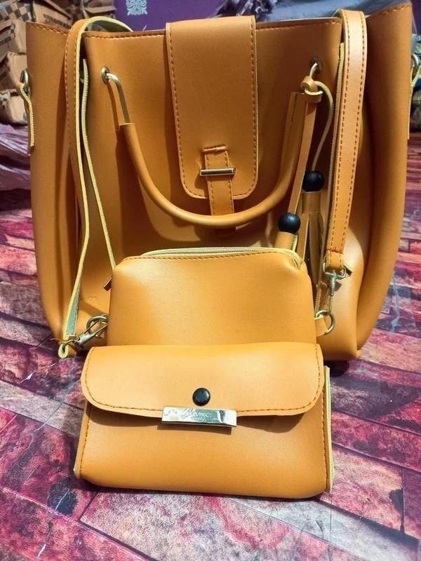 Chic Women's Leather Hand Bag Set - 3 Pcs in Vibrant Yellow